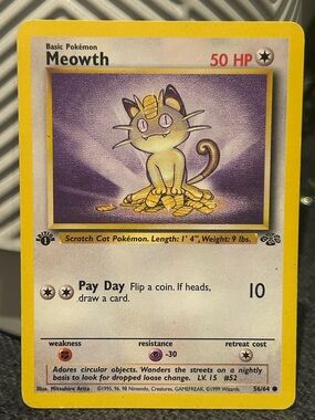 Pokemon Meowth, Vintage Card, 1999, 96, 98, Collectible, Fan Favorite